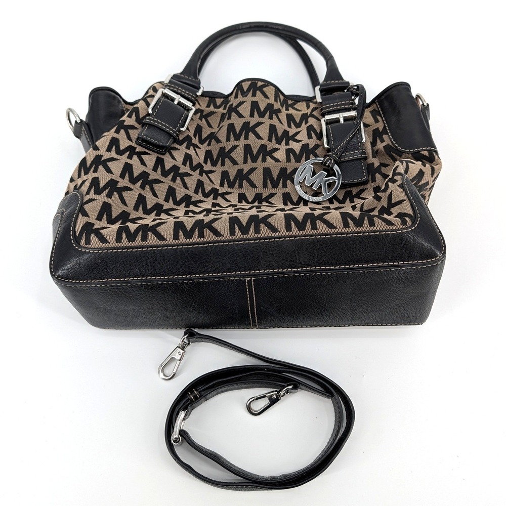 Michael Kors Bedford Signature MK Jacquard Satchel Bag Black Beige w/ Strap MK - Picture 2 of 11